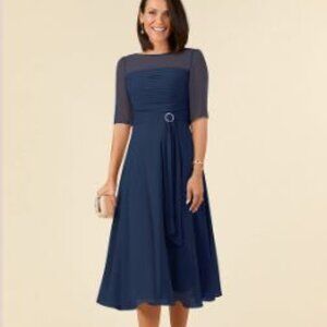 Azazie Naomi Dark Navy A-Line Boatneck Pleated Chiffon Dress Size 14